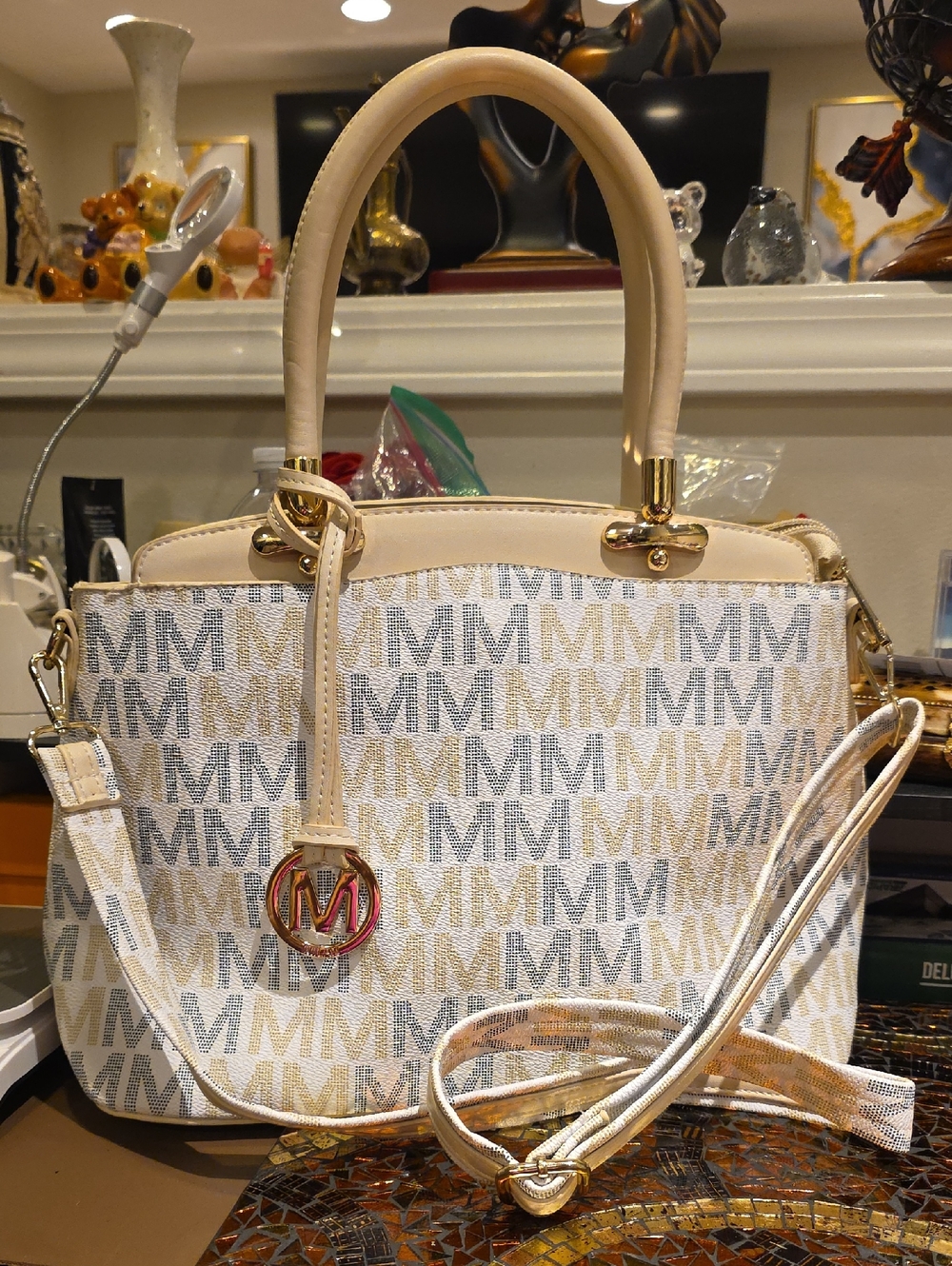 Milan Cream and Gold Monogram Satchel